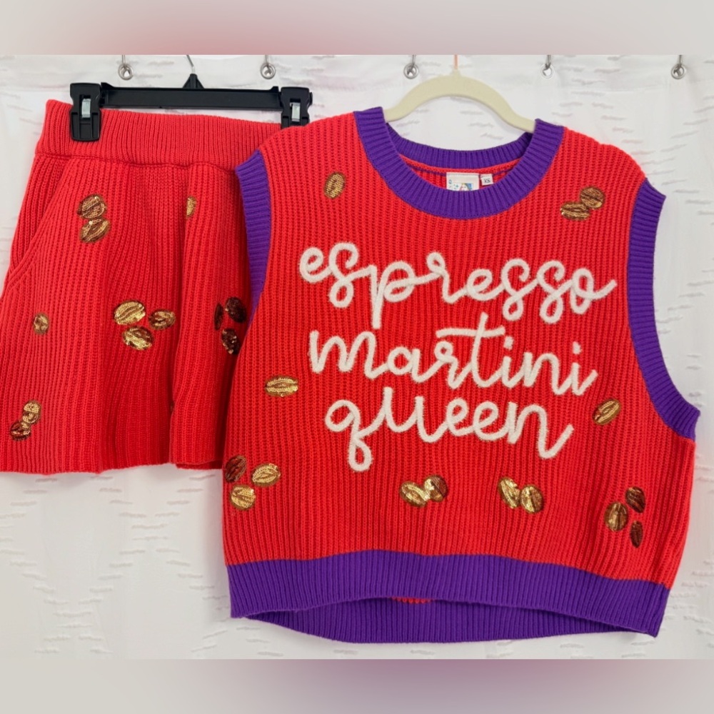 QOS Espresso Martini Queen Sweater Vest & Skirt Set- Red and Purple, XS